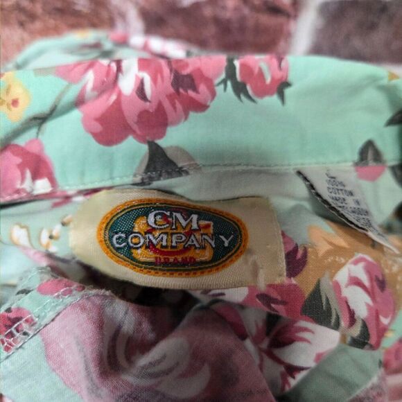 Vintage 90s CM Company Hawaiian Shirt Large Green Pink Floral Button Down V Neck - Picture 6 of 7